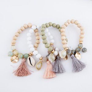 Wood Beaded Natural Stone Tassel Charm Bracelet